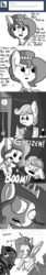 Size: 1280x7680 | Tagged: safe, artist:tjpones, princess celestia, princess luna, oc, oc:brownie bun, earth pony, pony, horse wife, g4, ask, butts, comic, defenestratia, dialogue, grayscale, high res, meme, monochrome, name tag, newspaper, property damage, racism, reading glasses, special eyes, trollestia, trolluna, tumblr