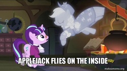 Size: 800x450 | Tagged: safe, edit, edited screencap, screencap, applejack, snowfall frost, spirit of hearth's warming past, starlight glimmer, a hearth's warming tail, g4, discovery family logo, image macro, meme, pun, reference, spirit