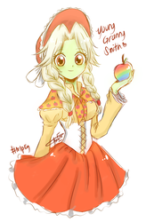 Size: 829x1264 | Tagged: safe, artist:aizy-boy, granny smith, equestria girls, g4, adorasmith, apple, cute, female, food, solo, young granny smith, younger, zap apple
