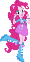 Size: 3000x6098 | Tagged: safe, artist:aqua-pony, pinkie pie, equestria girls, g4, absurd resolution, balloon, boots, bracelet, clothes, cute, female, flash puppet, high heel boots, inkscape, open mouth, ponied up, ponytail, raised leg, simple background, skirt, solo, transparent background