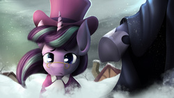 Size: 2000x1125 | Tagged: safe, artist:blackligerth, princess luna, snowfall frost, spirit of hearth's warming yet to come, starlight glimmer, pony, unicorn, a hearth's warming tail, g4, glasses, hat, offscreen character, pince-nez, scene interpretation, snow, snowfall, top hat
