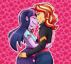 Size: 2682x2410 | Tagged: safe, artist:overlordneon, sunset shimmer, twilight sparkle, equestria girls, g4, blushing, cute, duo, eyes closed, female, high res, hug, lesbian, shimmerbetes, ship:sunsetsparkle, shipping, twiabetes