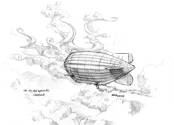 Size: 1400x1009 | Tagged: safe, artist:baron engel, g4, airship, cloudsdale, grayscale, monochrome, no pony, pencil drawing, scenery, scenery porn, sky shad, story in the source, traditional art