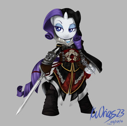 Size: 2550x2520 | Tagged: safe, artist:kvorias23, rarity, pony, g4, armor, assassin's creed, bipedal, crossover, ezio auditore, female, high res, solo, sword, weapon