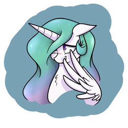 Size: 1250x1250 | Tagged: safe, artist:bellspurgebells, princess celestia, g4, bashful, blushing, covering, cute, cutelestia, embarrassed, female, floppy ears, shy, smiling, solo, thank you, wing hands