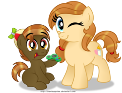 Size: 2500x1908 | Tagged: safe, artist:aleximusprime, button mash, oc, oc:cream heart, earth pony, pony, g4, colt, cream heart and button mash:best mother and son, earth pony oc, female, foal, joy boy, male, mare, mother and child, mother and son, simple background, transparent background, wink