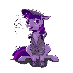 Size: 1000x1000 | Tagged: safe, artist:dafyra, twilight sparkle, g4, cigarette, clothes, female, hat, jacket, shoes, simple background, sitting, smoking, solo, white background