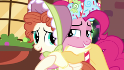 Size: 1920x1080 | Tagged: safe, screencap, bow bonnet, pinkie pie, spirit of hearth's warming presents, a hearth's warming tail, g4, female, hug, lidded eyes, mare, the little redheaded mare