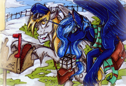 Size: 1024x697 | Tagged: safe, artist:scootiegp, derpy hooves, princess luna, pegasus, pony, g4, clothes, female, flying, letter, mailbag, mailbox, mailmare, mare, mouth hold, package, scarf, snow, traditional art, unshorn fetlocks