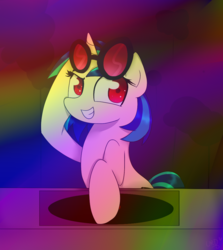 Size: 890x1000 | Tagged: dead source, safe, artist:ultrard, dj pon-3, vinyl scratch, pony, unicorn, g4, colored pupils, female, looking at you, red eyes, signature, smiling, solo, turntable, wrong eye color