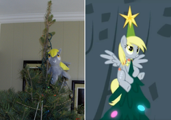 Size: 1558x1090 | Tagged: safe, artist:watermelonrat, screencap, derpy hooves, pegasus, pony, a hearth's warming tail, g4, christmas tree, derpy star, female, hilarious in hindsight, mare, photo, tree