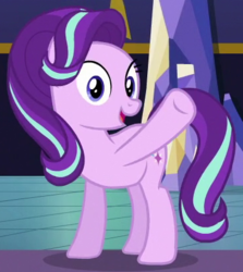 Size: 366x411 | Tagged: safe, screencap, starlight glimmer, earth pony, pony, unicorn, g4, no second prances, animation error, female, hornless unicorn, missing horn, race swap, solo