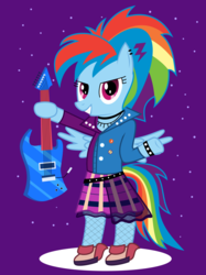 Size: 1500x2008 | Tagged: safe, artist:disty dusk, rainbow dash, equestria girls, friendship through the ages, g4, my little pony equestria girls: rainbow rocks, alternate hairstyle, clothes, ear piercing, earring, equestria girls outfit, female, fishnet stockings, guitar, piercing, rainbow punk, skirt, solo