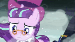 Size: 300x169 | Tagged: safe, screencap, princess luna, snowfall frost, spirit of hearth's warming yet to come, starlight glimmer, a hearth's warming tail, g4, animated, caption, discovery family logo, female, pointing, small, text