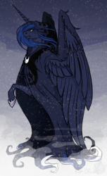 Size: 978x1606 | Tagged: safe, artist:kapu-official, princess luna, spirit of hearth's warming yet to come, a hearth's warming tail, g4, cloak, clothes, female, frown, snow, snowfall, solo