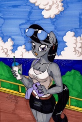Size: 1336x1971 | Tagged: safe, artist:newyorkx3, octavia melody, earth pony, anthro, g4, breasts, cellphone, cleavage, clothes, cup, drink, female, looking at you, open mouth, phone, purse, skirt, solo, sunglasses, tank top, traditional art