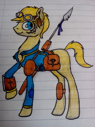 Size: 1920x2560 | Tagged: safe, artist:coolumbus, derpibooru exclusive, pony, clothes, cute, fallout, fallout 2, jumpsuit, lined paper, pipboy, ponified, raised hoof, saddle bag, solo, spear, the chosen one, traditional art, tribal, vault suit, weapon