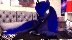 Size: 1920x1080 | Tagged: safe, artist:thelunagames, princess luna, g4, 3d, computer, couch, female, pepsi, prone, soda, soda can, solo, tongue out