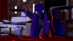 Size: 2560x1440 | Tagged: safe, artist:thelunagames, princess luna, g4, 3d, clothes, couch, female, looking at you, ribbon, socks, solo, spread wings, tongue out