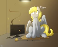 Size: 3000x2400 | Tagged: safe, artist:fluffyxai, derpy hooves, pegasus, pony, bandaid, cheek fluff, chest fluff, colored pupils, computer, derpy hooves tech support, female, food, i just don't know what went wrong, mare, monitor, muffin, solo, watermark