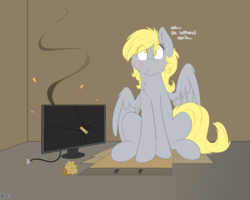 Size: 1280x1024 | Tagged: safe, artist:fluffyxai, derpy hooves, pegasus, pony, g4, bandaid, box, cheek fluff, chest fluff, computer, derpy hooves tech support, female, flat colors, food, i just don't know what went wrong, mare, monitor, muffin, no pupils, sitting, solo