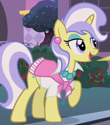 Size: 425x482 | Tagged: safe, screencap, upper crust, pony, unicorn, g4, sweet and elite, female, lidded eyes, mare, open mouth, raised hoof, skunk stripe, smiling, solo