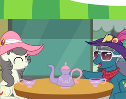 Size: 584x460 | Tagged: safe, artist:lion-grey, fashion plate, oc, oc:short fuse, pony, g4, food, hat, male, smiling, stallion, tea