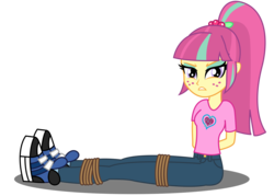 Size: 7000x5000 | Tagged: dead source, safe, artist:razethebeast, sour sweet, equestria girls, g4, my little pony equestria girls: friendship games, absurd resolution, bondage, clothes, female, flash puppet, freckles, hands behind back, kidnapped, looking at you, new outfit, pants, ropes, shoes, show accurate, simple background, sitting, sneakers, solo, tied up, transparent background, vector