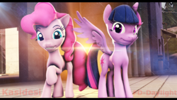 Size: 2560x1440 | Tagged: safe, artist:alcohors, artist:fd-daylight, pinkie pie, twilight sparkle, alicorn, pony, g4, 3d, collaboration, female, lens flare, looking at you, mare, source filmmaker, twilight sparkle (alicorn)