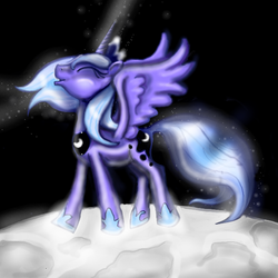 Size: 600x600 | Tagged: safe, artist:steampunked, princess luna, alicorn, pony, g4, dancing, eyes closed, female, happy, moon, s1 luna, solo, space