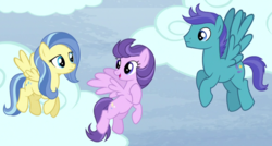 Size: 1160x624 | Tagged: safe, screencap, clear skies, open skies, sunshower, pegasus, pony, g4, tanks for the memories, background pony, cloud, cropped, female, flying, hoof on chest, male, mare, stallion, trio, who's on first?