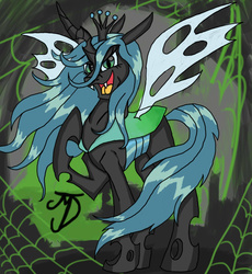Size: 1748x1901 | Tagged: safe, artist:takutanuvataio, queen chrysalis, changeling, changeling queen, g4, crown, female, grin, jewelry, looking at you, open mouth, raised hoof, regalia, solo, spider web