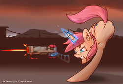 Size: 2500x1713 | Tagged: safe, artist:itspencilguy, oc, oc only, oc:glimmerlight, pony, unicorn, fallout equestria, fallout equestria: murky number seven, back, cutie mark, energy weapon, fanfic, fanfic art, female, glowing horn, gritted teeth, gun, hooves, horn, laser rifle, levitation, magic, magical energy weapon, mare, shooting, solo, telekinesis, weapon