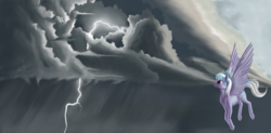 Size: 3496x1720 | Tagged: safe, artist:lightly-san, cloudchaser, g4, cloud, female, flying, lightning, sky, solo, thunderstorm