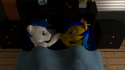 Size: 1920x1080 | Tagged: safe, artist:deloreandudetommy, oc, oc only, oc:sandstorm, oc:supersaw, 3d, bed, blender, couple, gay, male, oc x oc, shipping