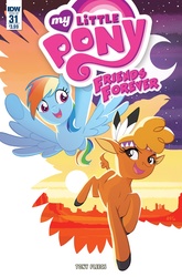 Size: 1054x1600 | Tagged: safe, idw, little strongheart, rainbow crow, rainbow dash, bird, bison, buffalo, crow, pegasus, pony, raven (bird), friends forever #31, g4, my little pony: friends forever, spoiler:comic, awesome face, calf, cover, crescent moon, desert, feather, female, mare, moon, scenery, scenery porn, sillhouette, sun, sunset