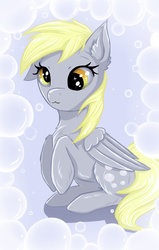 Size: 2893x4537 | Tagged: safe, artist:nuumia, derpy hooves, pegasus, pony, g4, bubble, chest fluff, ear fluff, female, high res, mare, solo