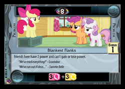 Size: 500x358 | Tagged: safe, enterplay, apple bloom, scootaloo, sweetie belle, g4, marks in time, my little pony collectible card game, ccg, cutie mark crusaders, merchandise, misspelling