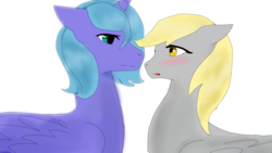 Size: 1360x768 | Tagged: safe, artist:sunshinkaaing, derpy hooves, princess luna, pegasus, pony, g4, blushing, female, lesbian, mare, s1 luna, ship:lunaderp, shipping