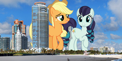 Size: 3300x1650 | Tagged: safe, artist:cloudy glow, artist:luckreza8, artist:theotterpony, edit, applejack, coloratura, earth pony, pony, g4, applejack's hat, cowboy hat, duo, duo female, female, florida, giant pony, hat, irl, macro, miami, nude edit, nudity, photo, ponies in real life, vector