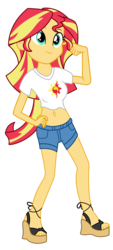 Size: 2250x5000 | Tagged: safe, artist:lifes-remedy, sunset shimmer, equestria girls, g4, belly button, clothes, commission, cute, feet, female, flash puppet, high res, midriff, shorts, simple background, solo, transparent background