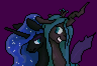 Size: 192x132 | Tagged: safe, artist:graytr, nightmare moon, queen chrysalis, alicorn, changeling, changeling queen, pony, g4, female, pixel art, smiling