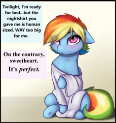 Size: 2400x2550 | Tagged: safe, artist:captainpudgemuffin, rainbow dash, twilight sparkle, pony, g4, blushing, captainpudgemuffin is trying to murder us, chest fluff, clothes, cute, dashabetes, dialogue, female, floppy ears, fluffy, high res, lesbian, mare, offscreen character, oversized clothes, raised hoof, ship:twidash, shipping, shirt, sitting, underhoof