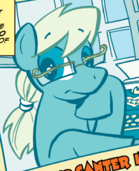 Size: 493x608 | Tagged: safe, idw, jade singer, summer mane, earth pony, pony, g4, spoiler:comic, glasses, missing horn, race swap, solo, younger