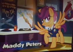 Size: 1015x719 | Tagged: safe, artist:pixelkitties, scootaloo, pegasus, pony, g4, autograph, cmc cape, female, irl, madeleine peters, mare, older, older scootaloo, photo, pixelkitties' brilliant autograph media artwork, rick and morty, solo, wonderbolts