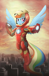 Size: 1000x1533 | Tagged: safe, artist:drawponies, rainbow dash, g4, armor, city, crossover, female, flying, iron man, marvel, solo