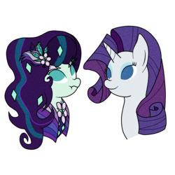 Size: 940x940 | Tagged: safe, artist:noponespecial, coloratura, rarity, earth pony, pony, unicorn, g4, :t, alternate hairstyle, duo, female, flower, flower in hair, mare, no pupils, rara, scrunchy face, ship:rarararara, simple background, transparent background