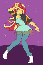 Size: 978x1445 | Tagged: dead source, safe, artist:reiduran, sunset shimmer, equestria girls, g4, breasts, busty sunset shimmer, clothes, colored, cute, dancing, eyes closed, female, flat colors, jacket, leather jacket, shimmerbetes, socks, soft color, solo