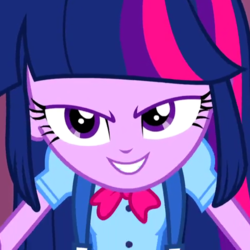 Size: 480x480 | Tagged: safe, screencap, twilight sparkle, equestria girls, g4, my little pony equestria girls: rainbow rocks, >:d, cropped, cute, evil smile, female, glare, grin, happy, lidded eyes, smiling, smirk, solo, twiabetes