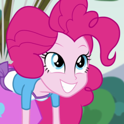 Size: 720x720 | Tagged: safe, screencap, pinkie pie, equestria girls, g4, my little pony equestria girls: friendship games, pinkie spy (short), balloon, clothes, cropped, cute, diapinkes, female, floating, grin, leaning, leaning forward, looking up, pinkie being pinkie, pinkie physics, shirt, skirt, smiling, solo, squee, teenager, then watch her balloons lift her up to the sky, vest